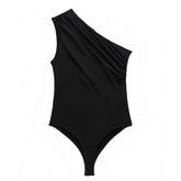 Black Bodycon Slim Fit Ruched Asymmetric Draped Off Shoulder Bodysuit